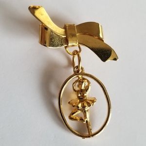 Vintage brooch bow and ballerina gold tone pin oval dangle charm